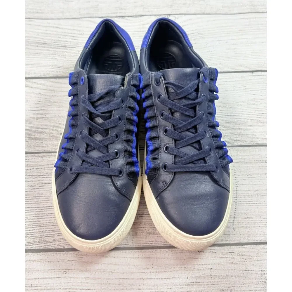 Tory Burch Tory Sport Women’s Ruffle Sneakers Navy Blue Leather Size 8.5